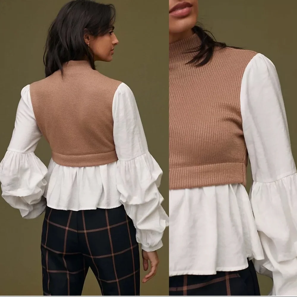 Anthropologie • Ruffled Layered Top tan sweater vest white puff sleeve blouse